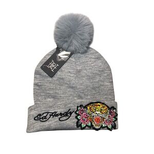 Ed Hardy Womens Pom Beanie Rose Tiger Gray One Size Y2K Streetwear Urban Winter